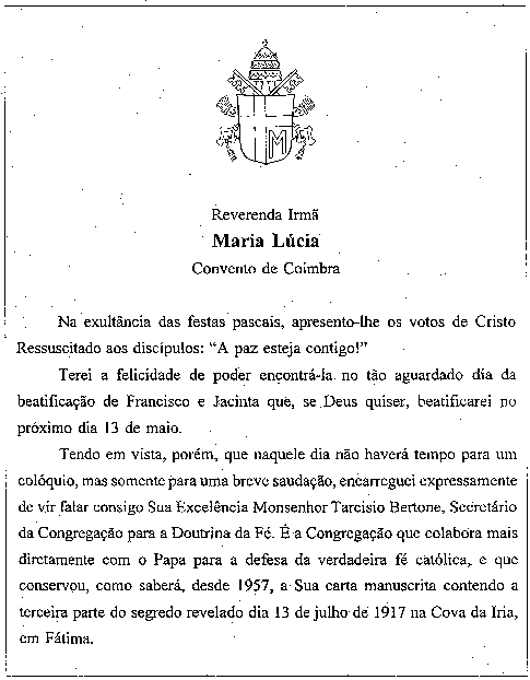 Письмо Иоанна Павла II сестре Лусии